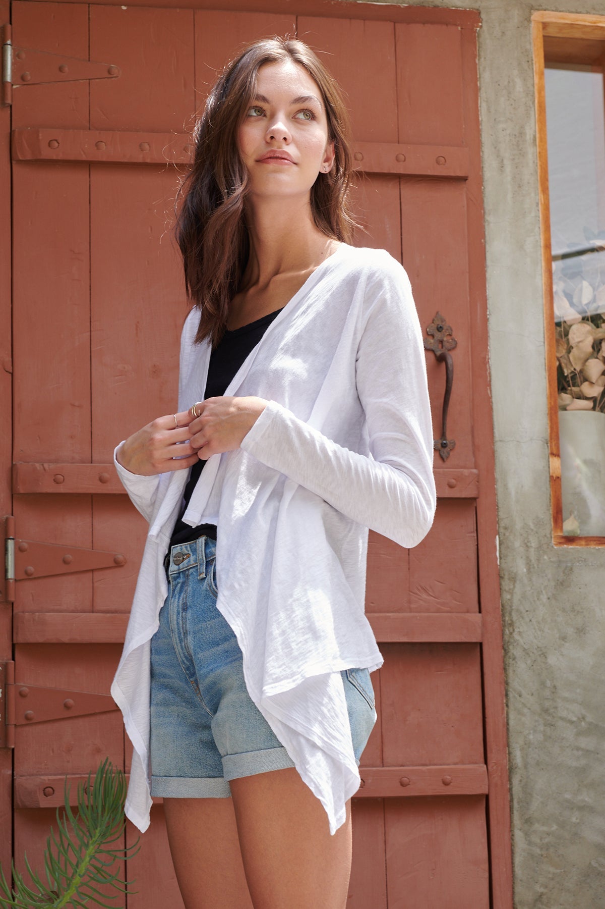 Champagne open cardigan in white with Aliza tank and Natalie denim shorts.