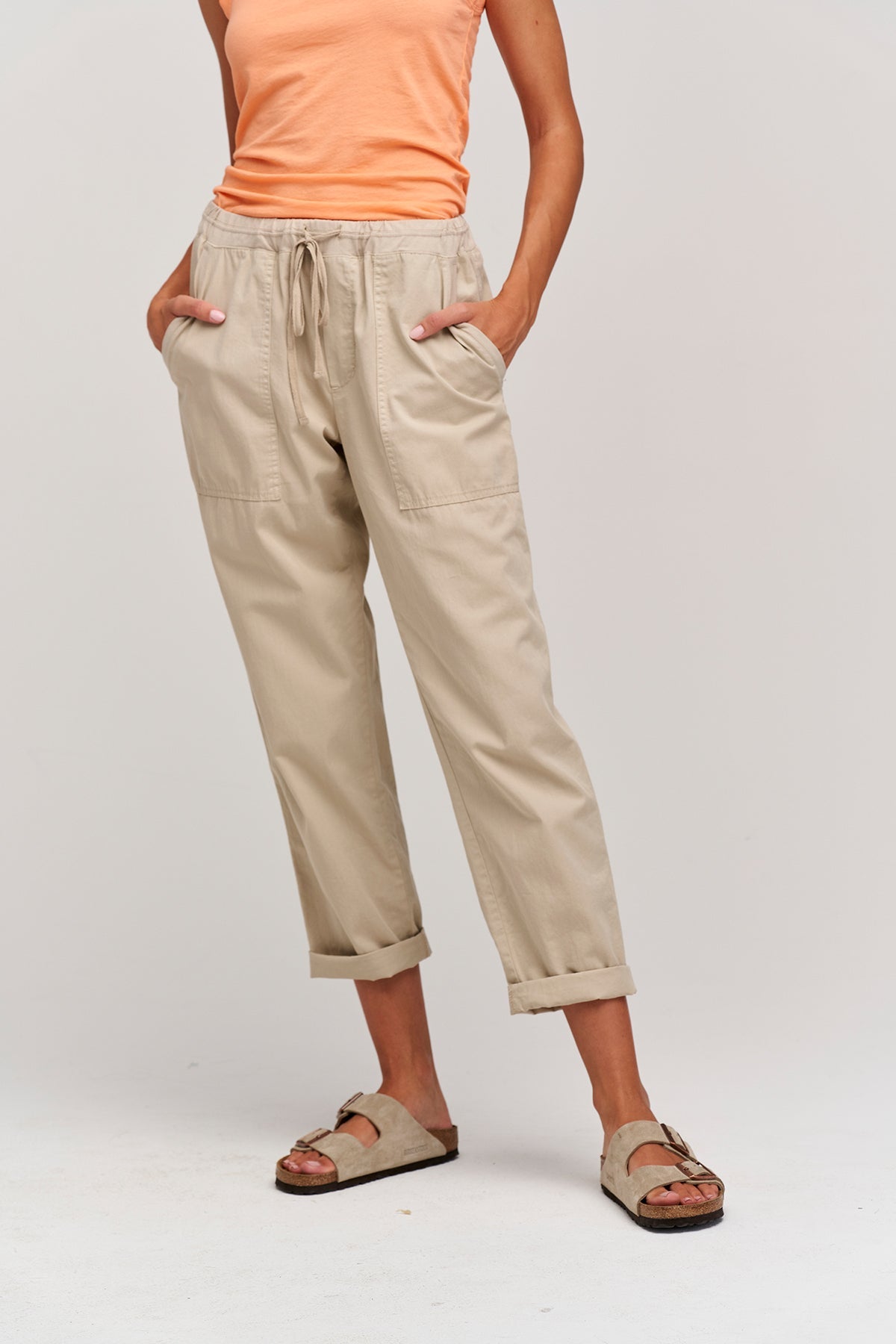 Cotton Twill Misty Pant in Oatmeal Close Up Hands in Pockets-25275770962116