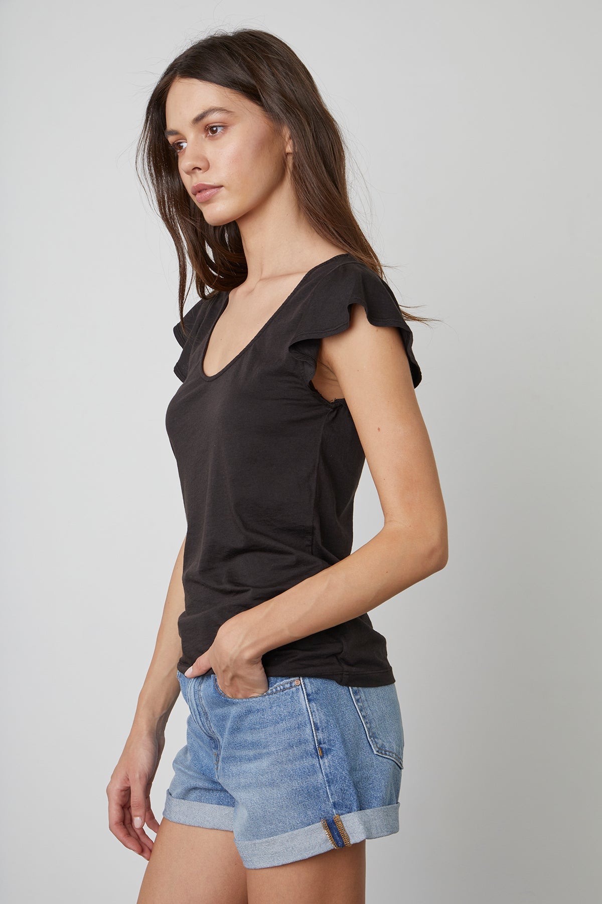 Rashida Scoop Neck Tee in Black with Natalie Denim Shorts in Seaside Side-25281888583876