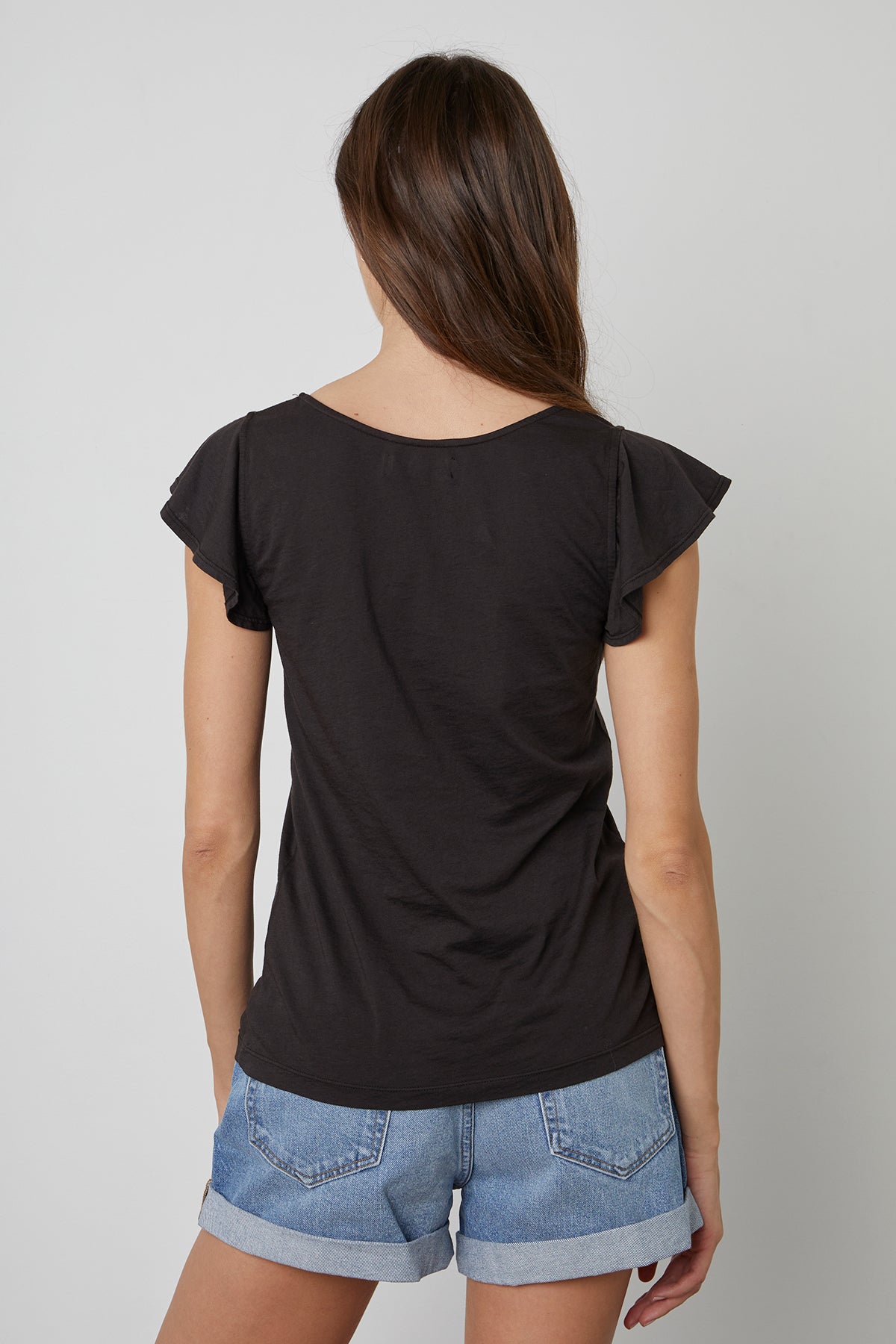 Rashida Scoop Neck Tee in Black with Natalie Denim Shorts in Seaside Back