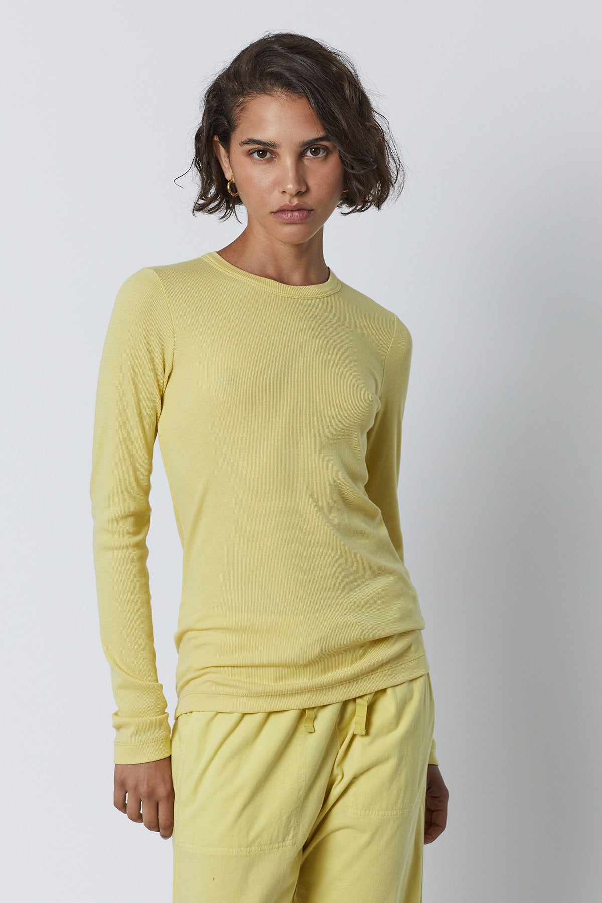 Camino Tee in soft lemon yellow with Pismo pant front-27196406169796