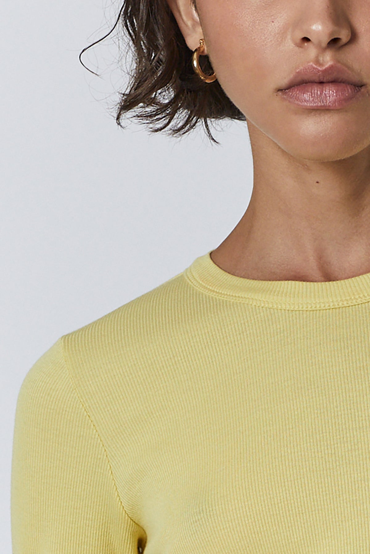   Camino Tee in soft lemon yellow front detail 