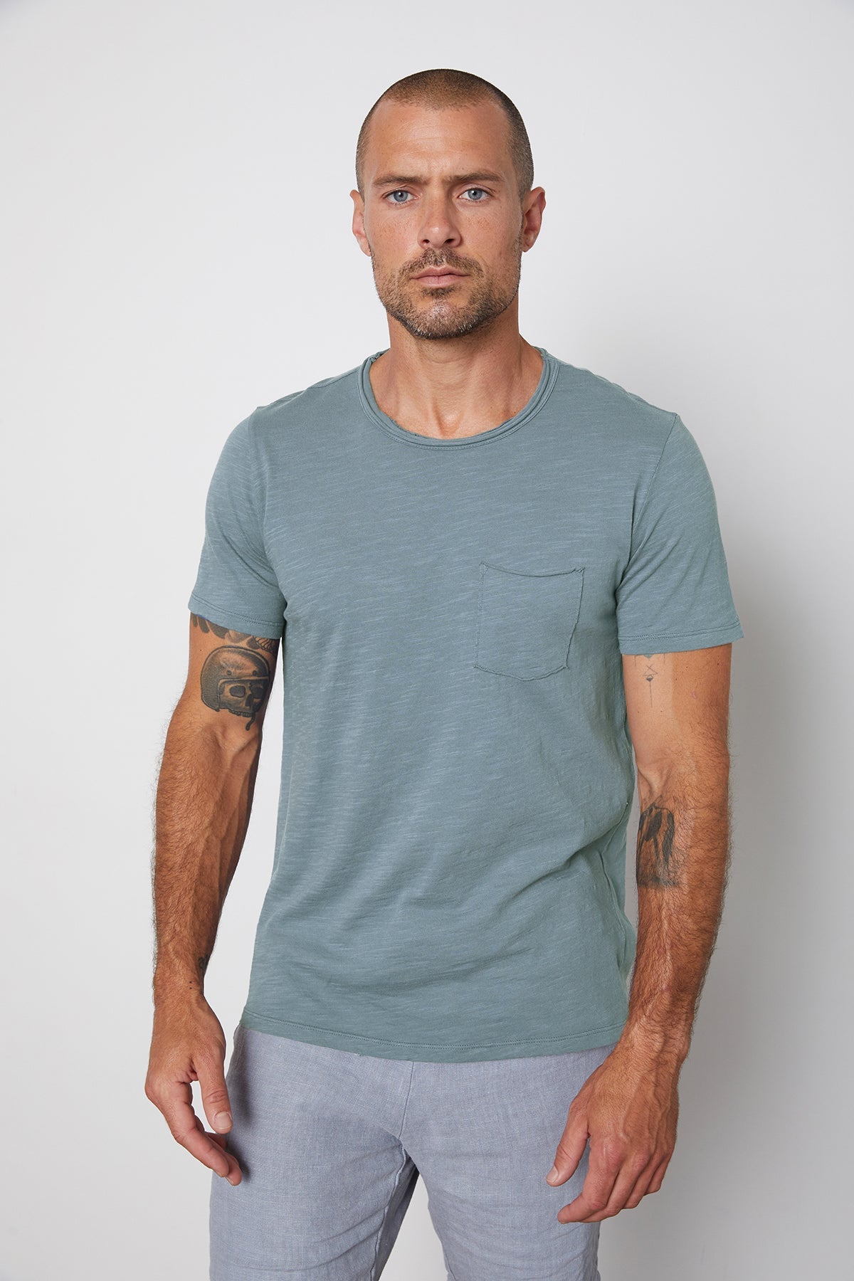   Chad Raw Edge Cotton Slub Pocket Tee in Chambray Blue Front with Jonathan Shorts 