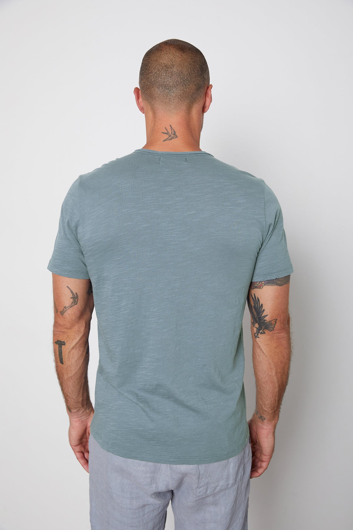   Chad Raw Edge Cotton Slub Pocket Tee in Chambray Blue Back with Jonathan Shorts 