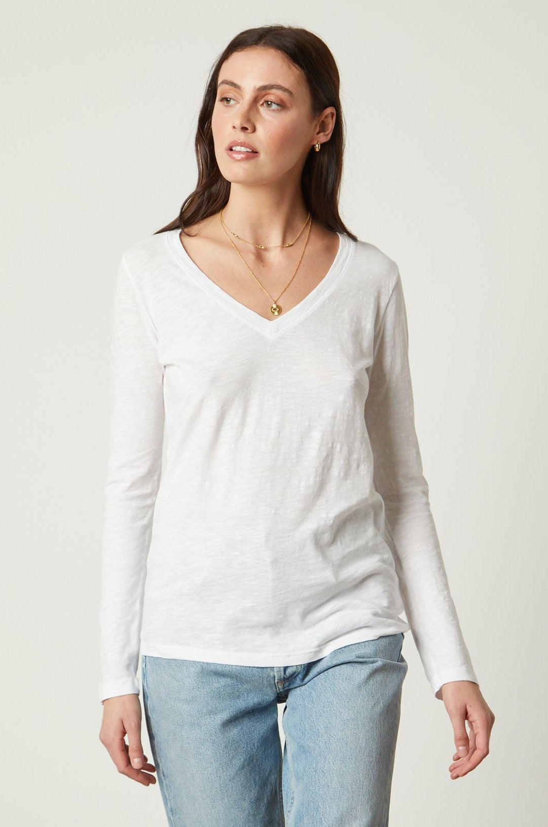 Blaire Original Slub Long Sleeve Tee with V Neck in white with light blue denim front view-27196639412420