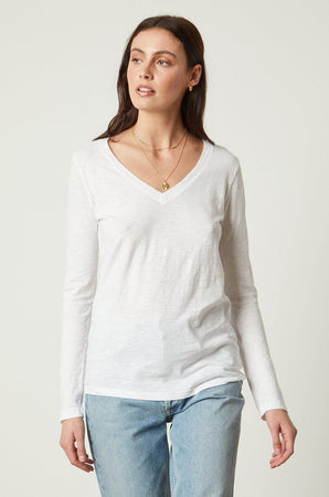 Blaire Original Slub Long Sleeve Tee with V Neck in white with light blue denim front view