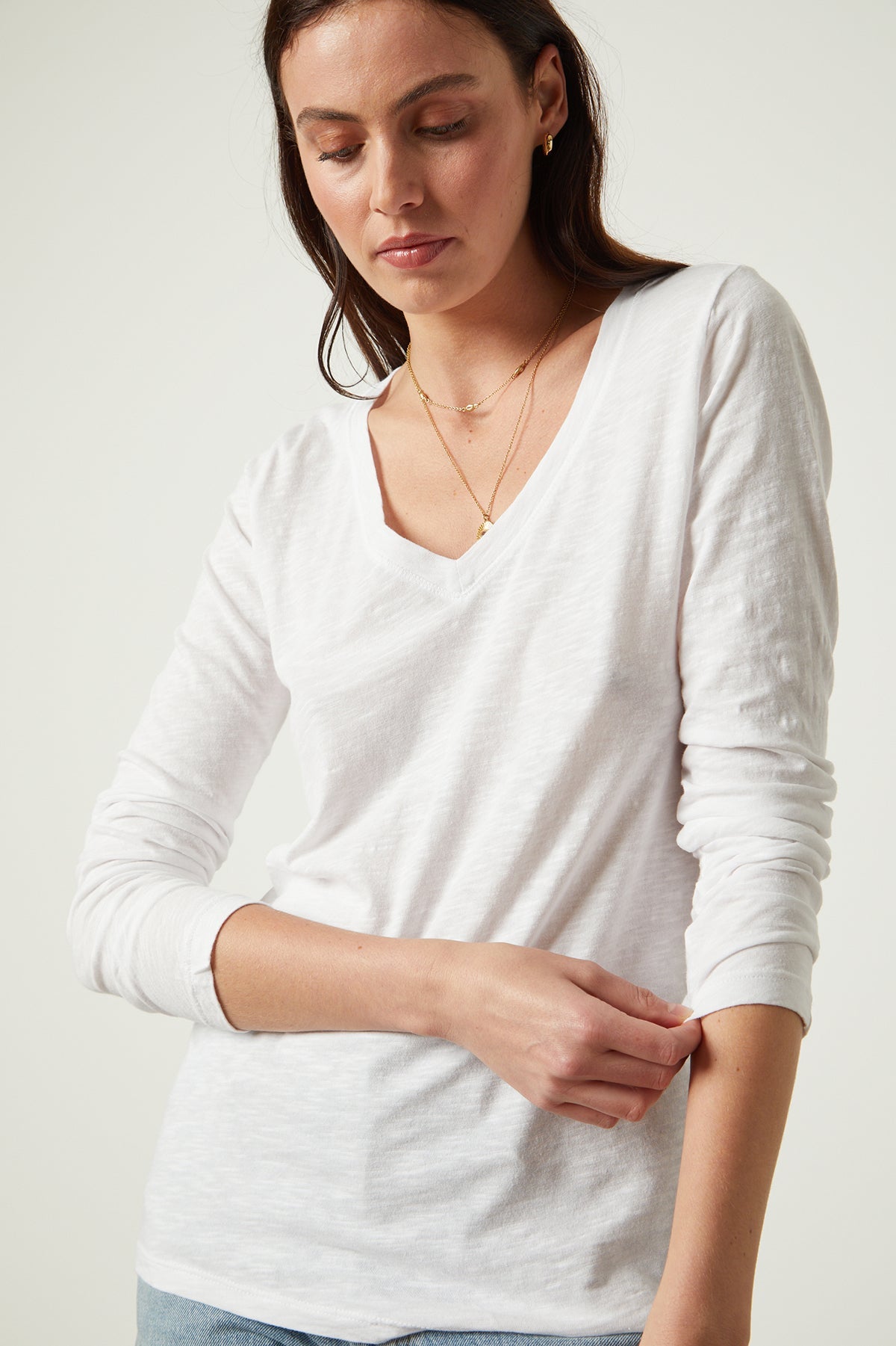 Blaire Original Slub Long Sleeve Tee with V Neck in white close up front detail-27196639543492